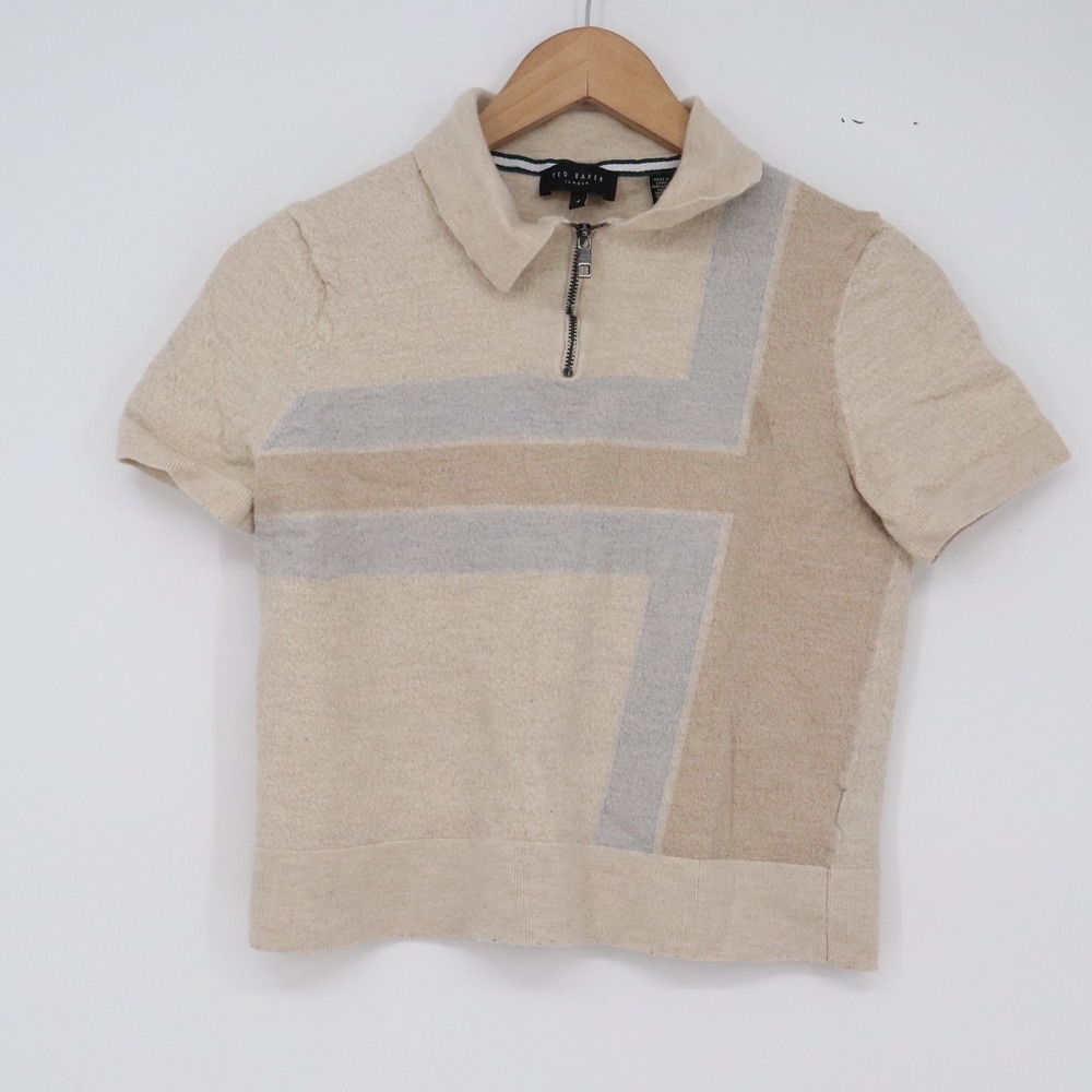 Ted Baker Wool Top Womens 4 Quarter Zip Geometric Colorblock Beige Excellent